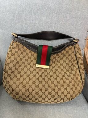 Gucci Tan GG Canvas Hobo with Green-Red  Accent